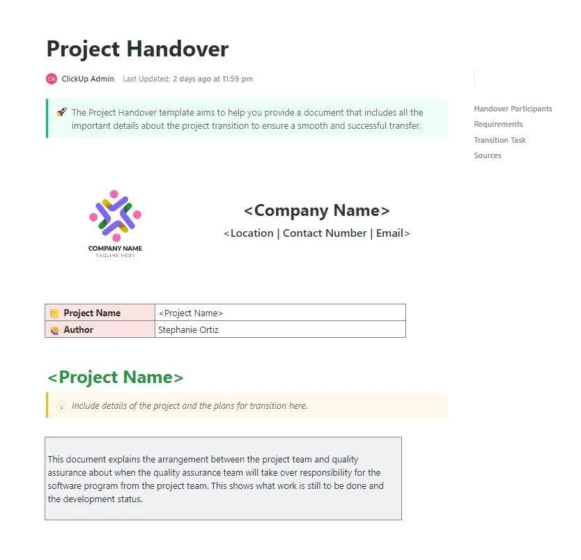 Modèle de transfert de projet ClickUp : transférez en toute simplicité les détails du projet, la propriété et les tâches entre les équipes.