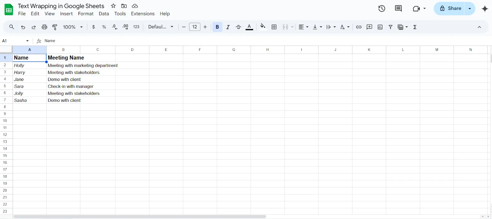 วิธีห่อข้อความใน Google Sheets วิธีที่ 1 ขั้นตอนที่ 1