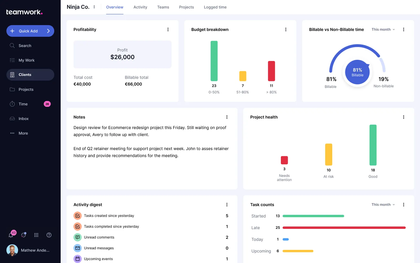 Painel do Teamwork.com: Software de gerenciamento de projetos com portal do cliente