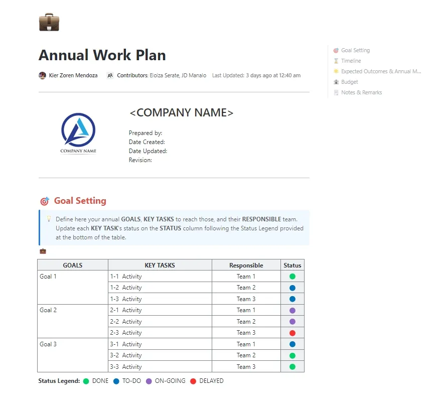 Modelo de plano de trabalho anual do ClickUp