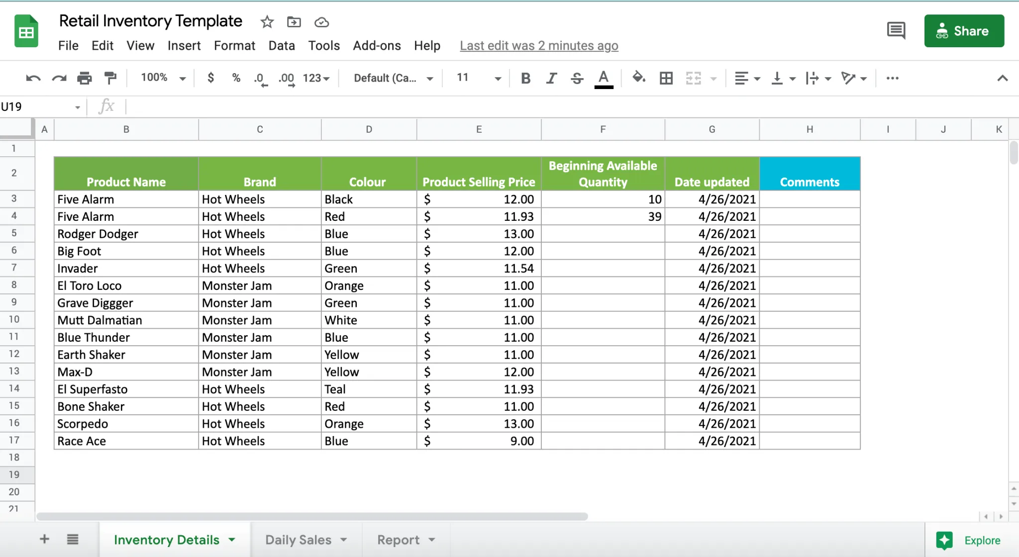 Mall för detaljhandelslager i Google Sheets från Coupler