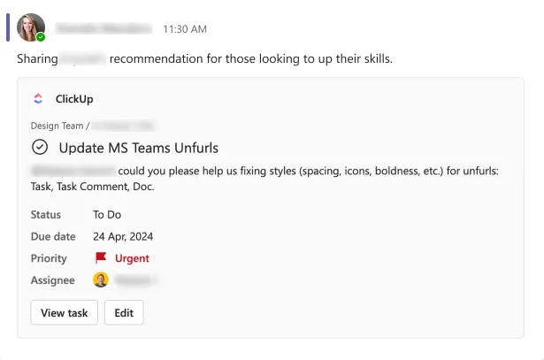 ClickUpとMicrosoft Teamsの連携機能を活用して、タスクに関連する詳細情報を一元化し、完全なコンテキストを把握しましょう