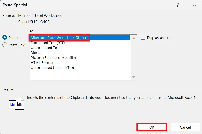 Elija un formato: cómo insertar Excel en Word.