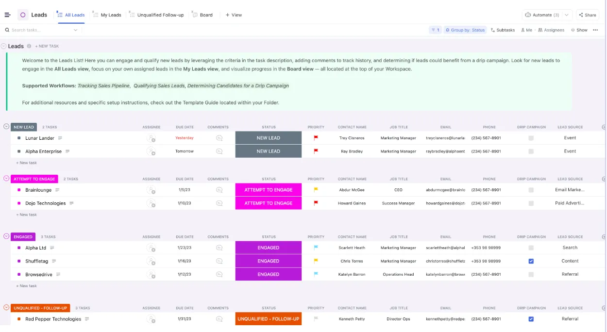 Modello CRM di ClickUp