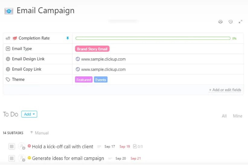 Modelo de campanha por e-mail do ClickUp