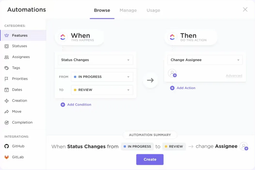 Configuración de la automatización en ClickUp