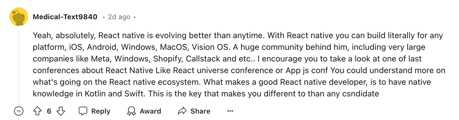 Commento di un utente su React Native