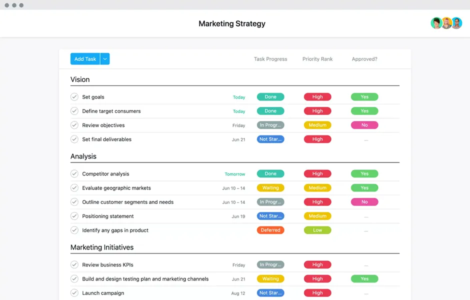 قالب استراتيجية التسويق من Asana: قالب تقويم المحتوى من Asana