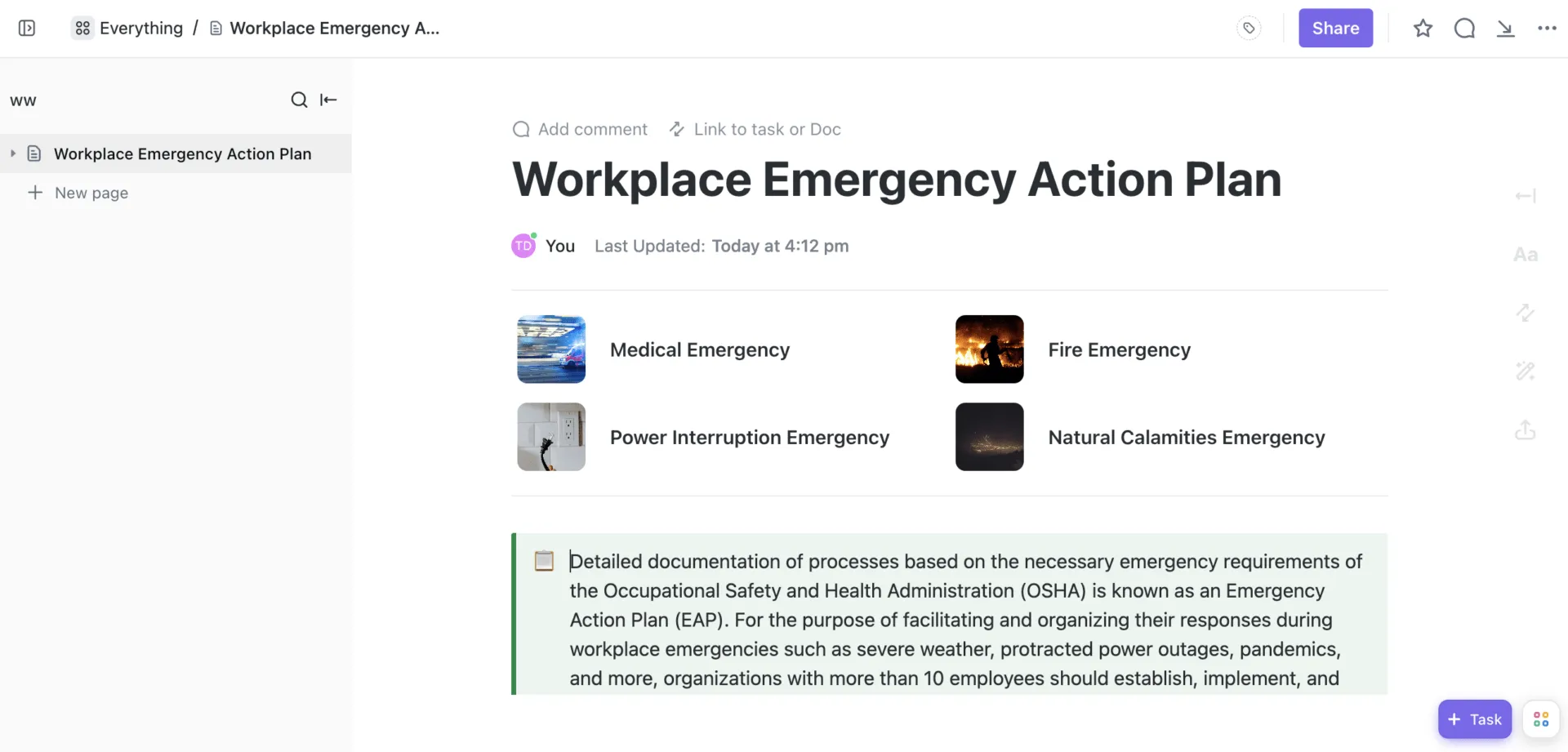 Plantilla de plan de acción de emergencia en el lugar de trabajo de ClickUp
