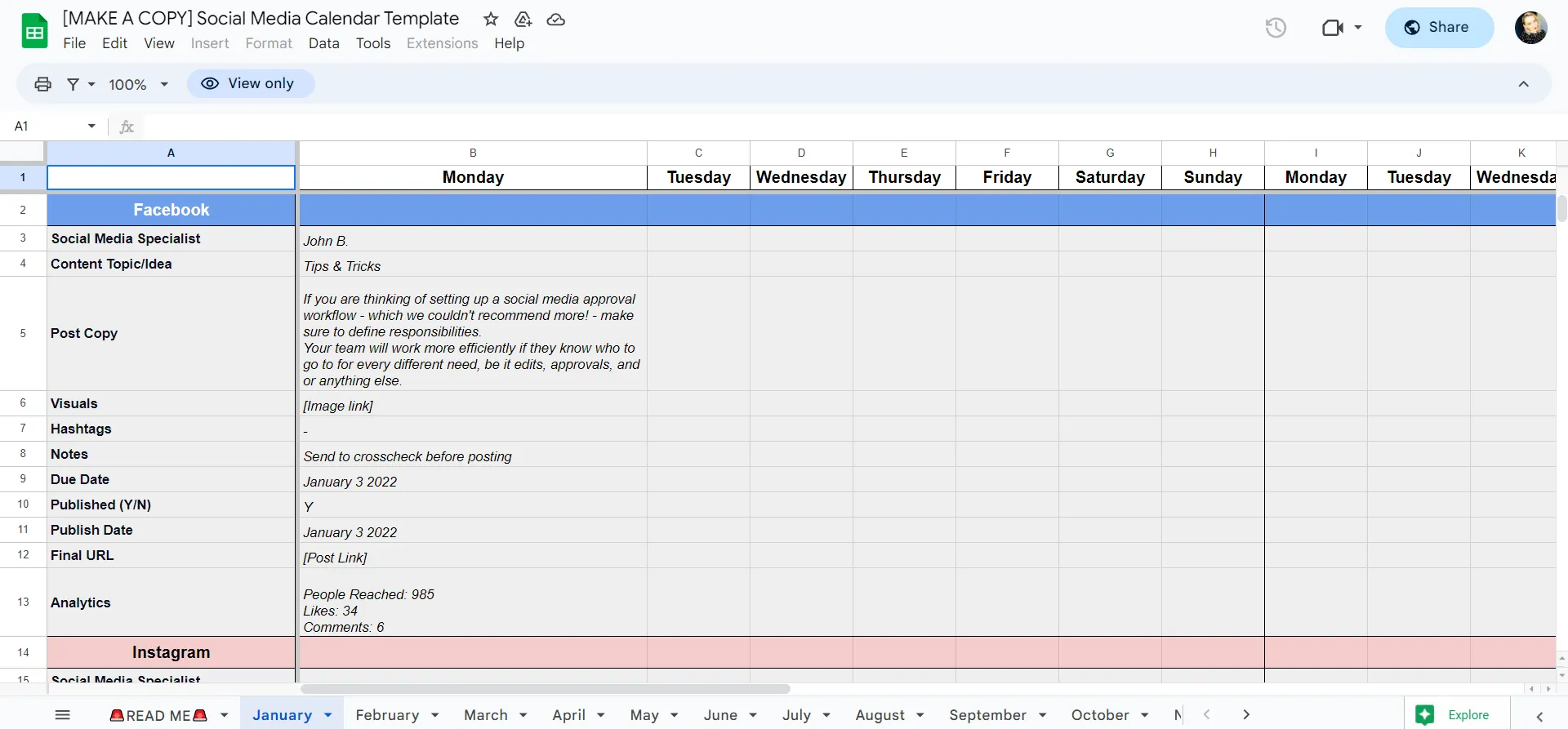 Modello di calendario dei contenuti per i social media di SocialBee
