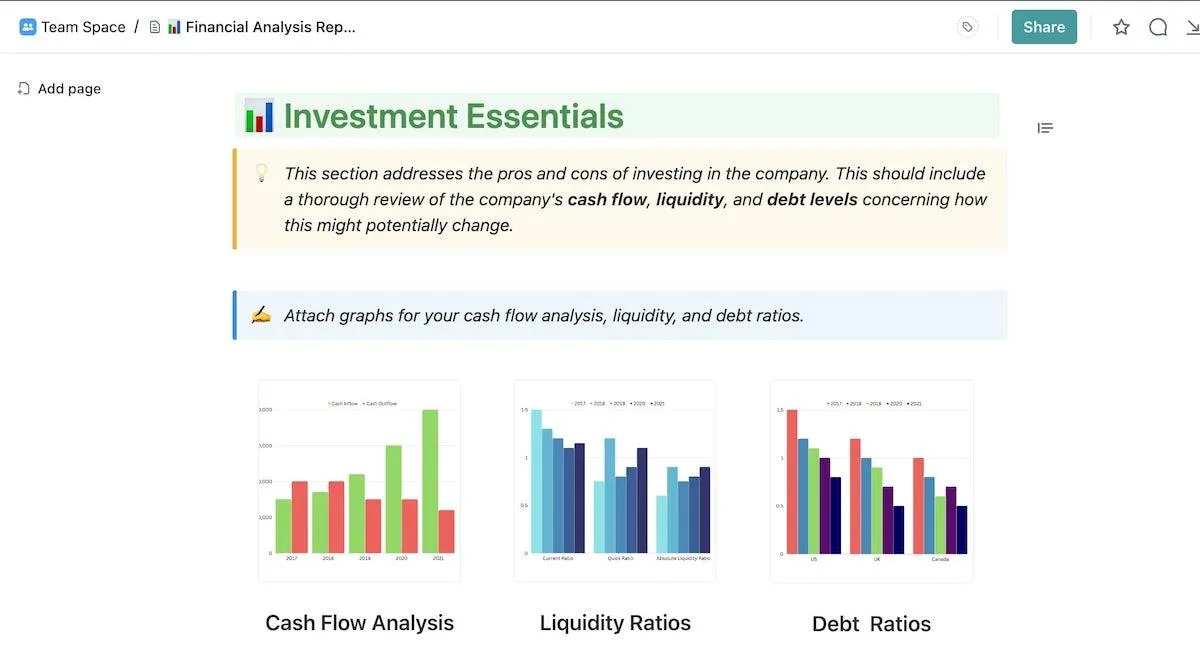 Capture d'écran du modèle de rapport d'analyse financière de ClickUp
