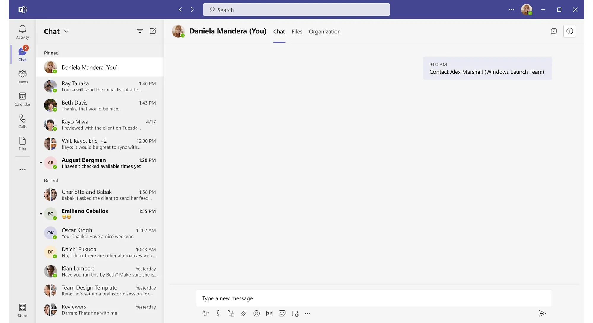 Affichage du chat sur Microsoft Teams