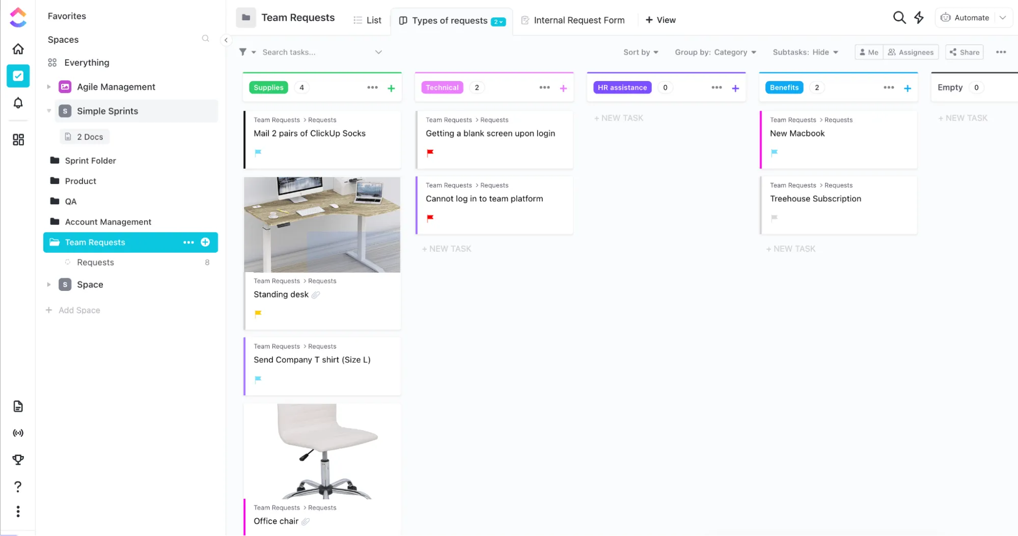Modèle de tableau Kanban « Demandes de l'équipe » par ClickUp