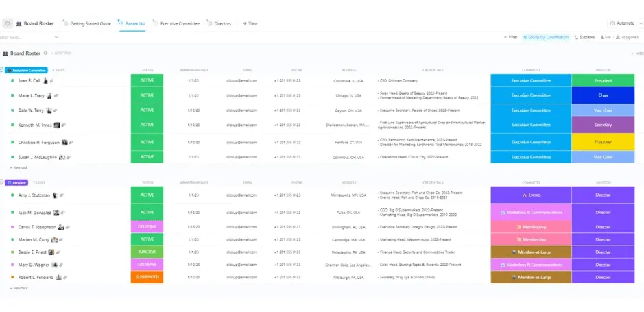 Modelo de lista de membros do conselho do ClickUp