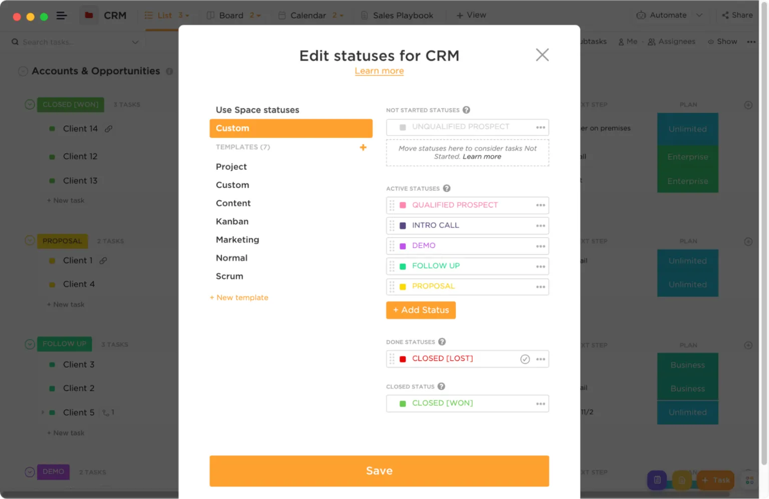 สถานะกำหนดเองของ ClickUp: CRM ง่าย ๆ