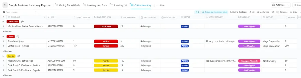 Suivez vos niveaux de stock et vos coûts grâce au modèle ClickUp « Simple Business Inventory Register »