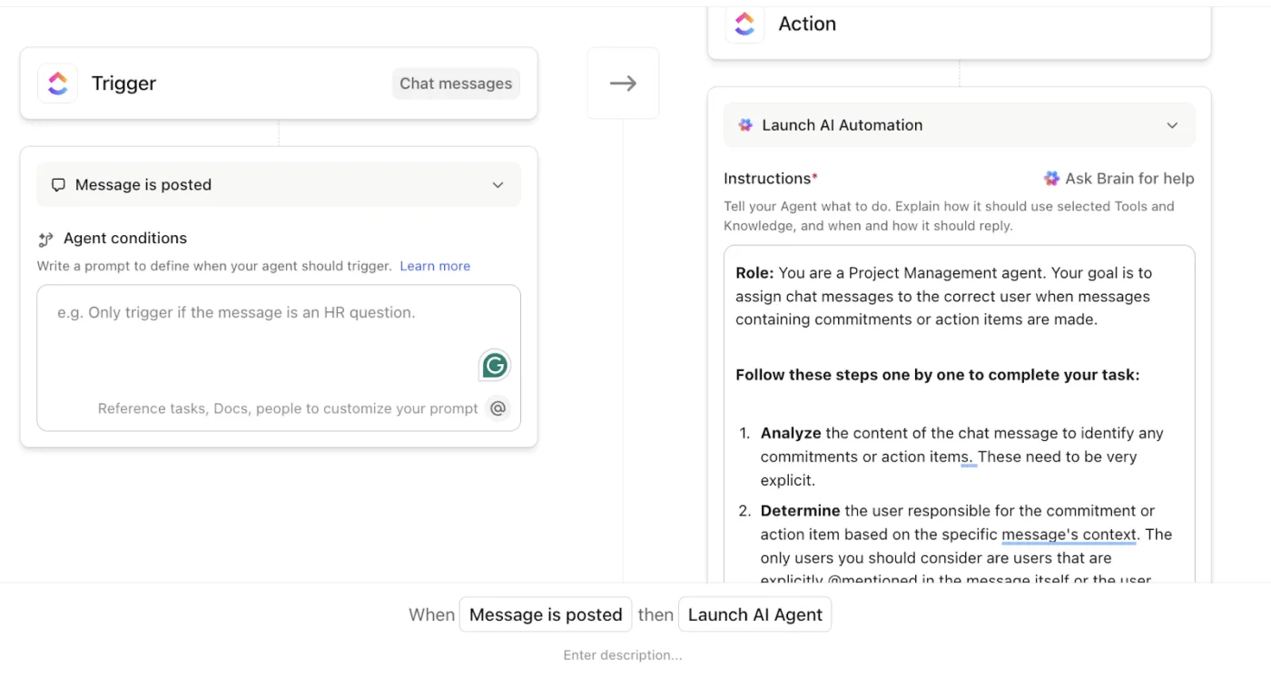 Nutzen Sie triggerbasierte Automatisierung, um Aufgaben und Aktionen mit ClickUp Agents automatisch abschließen zu lassen.