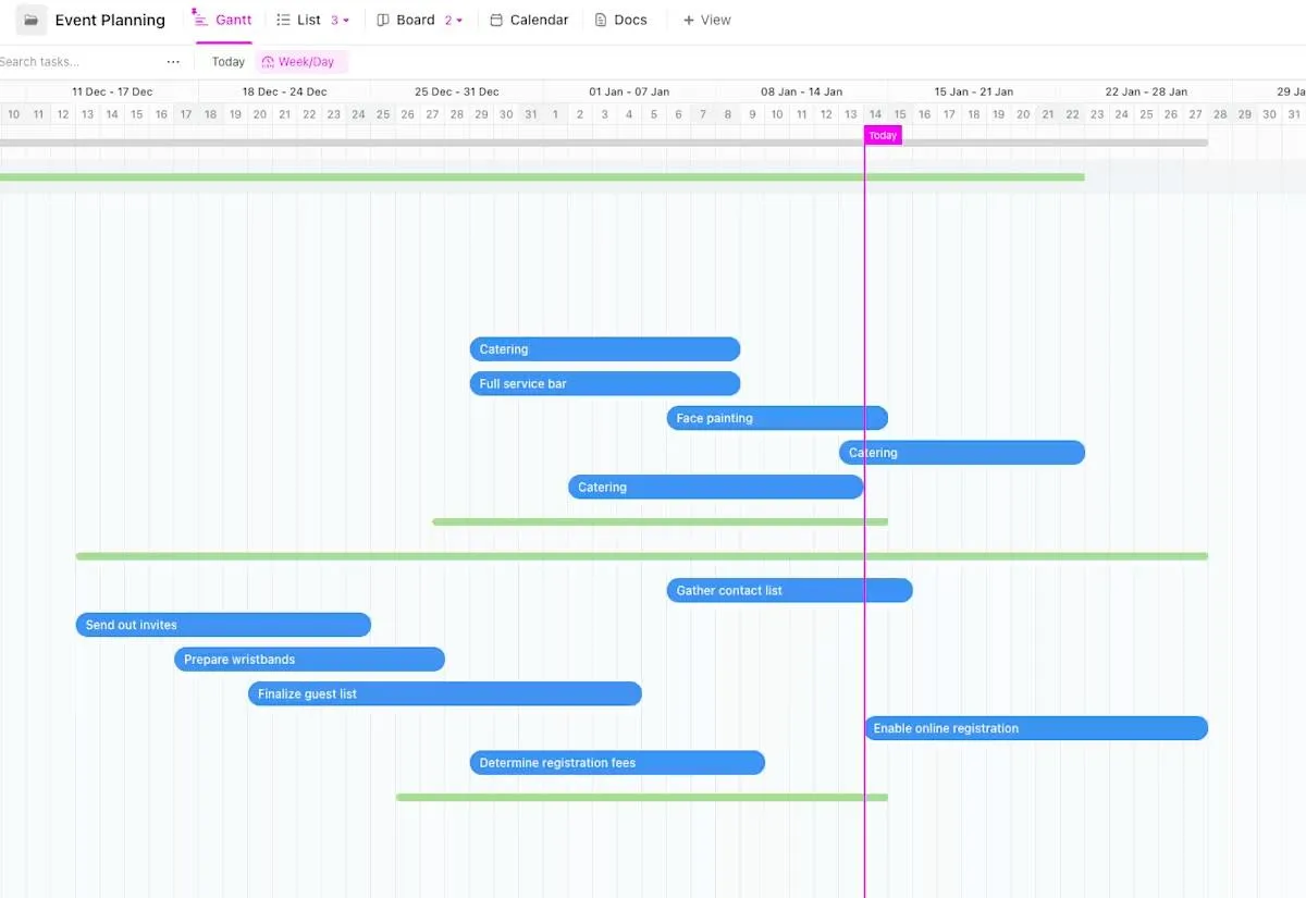 Google Drive, Jira, Outlook과 같은 다른 도구와 연결하면서 이벤트 워크플로우를 시각화할 수 있는 ClickUp 간트 차트를 생성하세요.