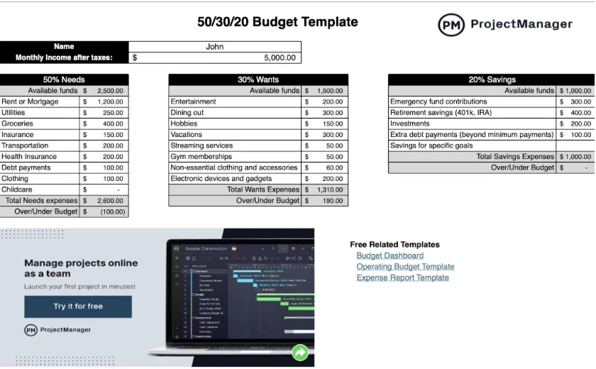 เทมเพลตงบประมาณ ProjectManager 50/30/20
