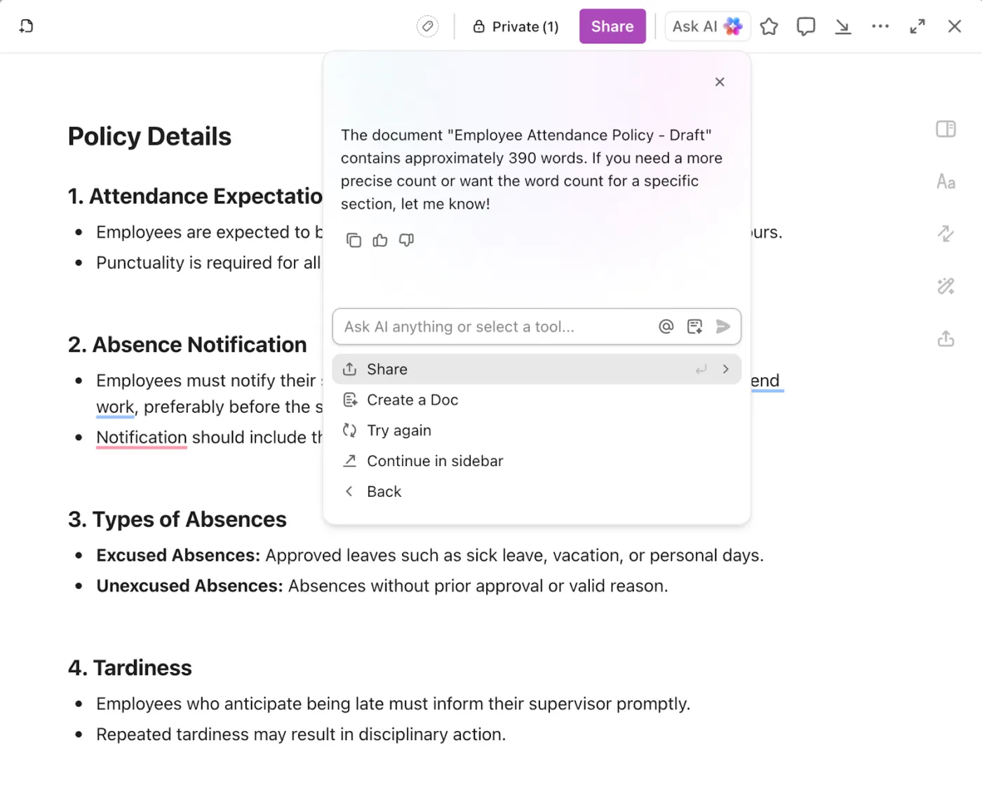 Bekerja sama dengan tim Anda secara kolaboratif tanpa melebihi batas kata yang ditentukan dengan kombinasi powerful ClickUp Docs + ClickUp Brain