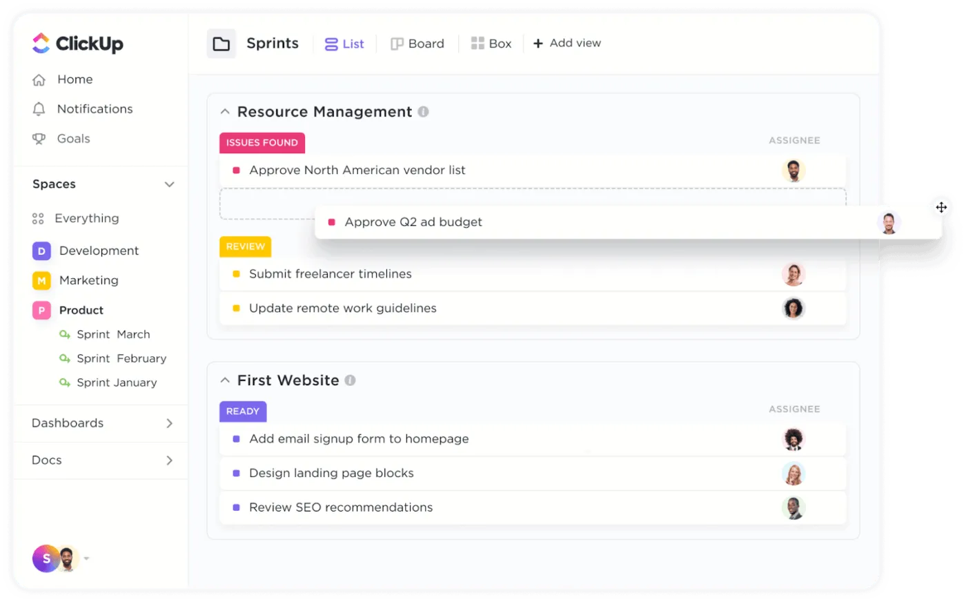 Софтуер за управление на продажби ClickUp, за да създадете алтернатива на шаблона за продажби на Google Sheets