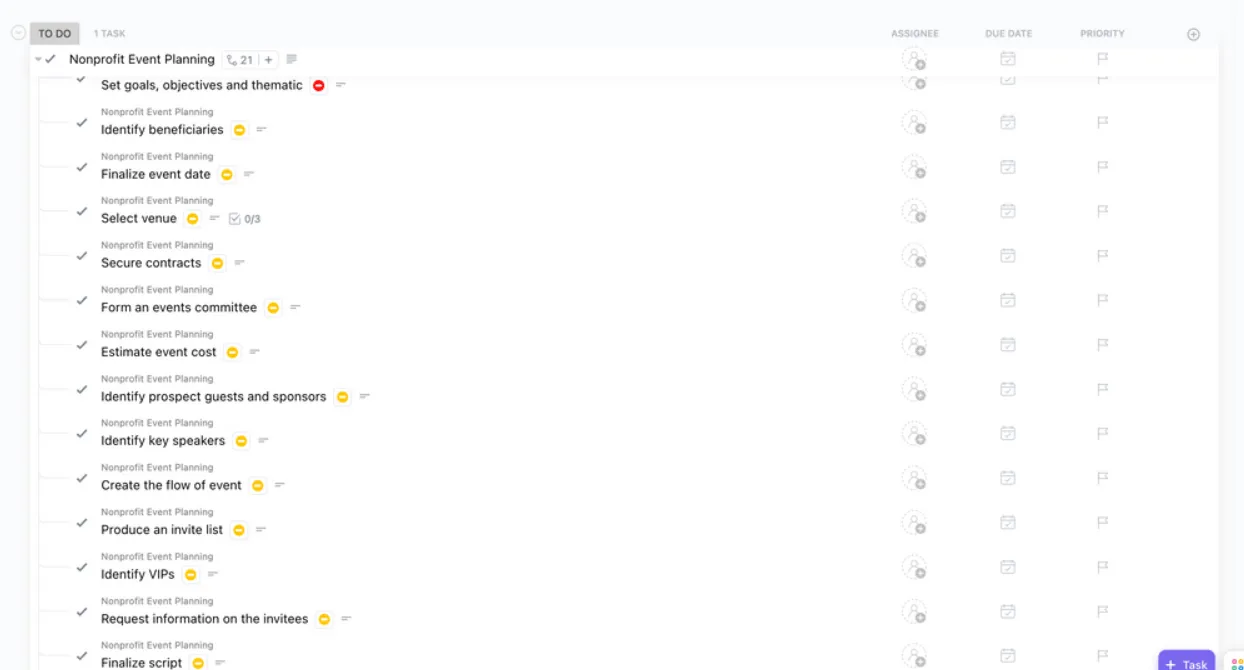 Modello ClickUp per la pianificazione di eventi senza scopo di lucro