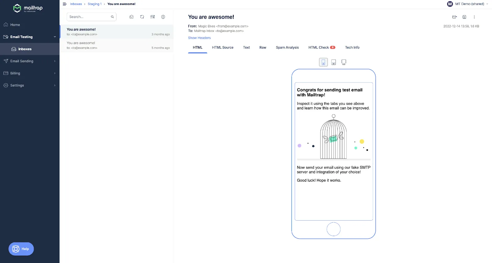 Verifique e inspecione seus e-mails com o Mailtrap antes de enviá-los aos seus clientes.