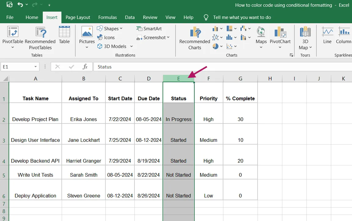 Colonna di stato in Excel