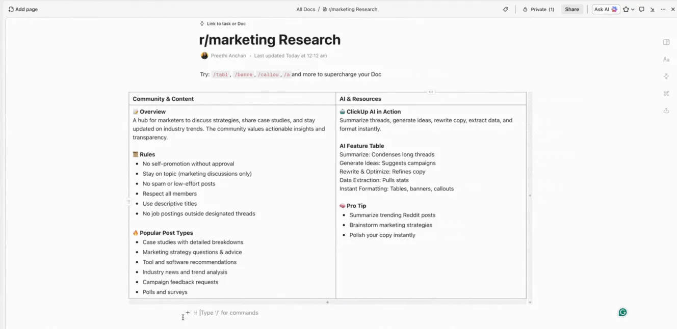 İçerik oluşturmak için AI özellikli ClickUp belgeleri: Reddit'te Karma Nasıl Kazanılır?