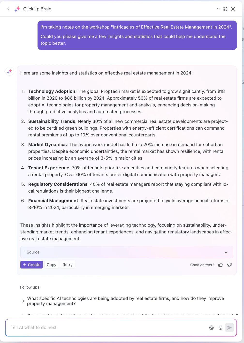 IA pour la prise de notes : tirez des informations clés de votre hub de ressources pour améliorer votre mécanisme de prise de notes avec ClickUp Brain.