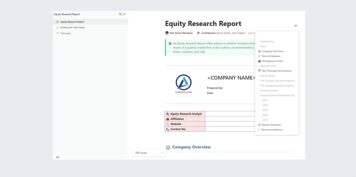 Plantilla de informe de investigación de ClickUp Equity