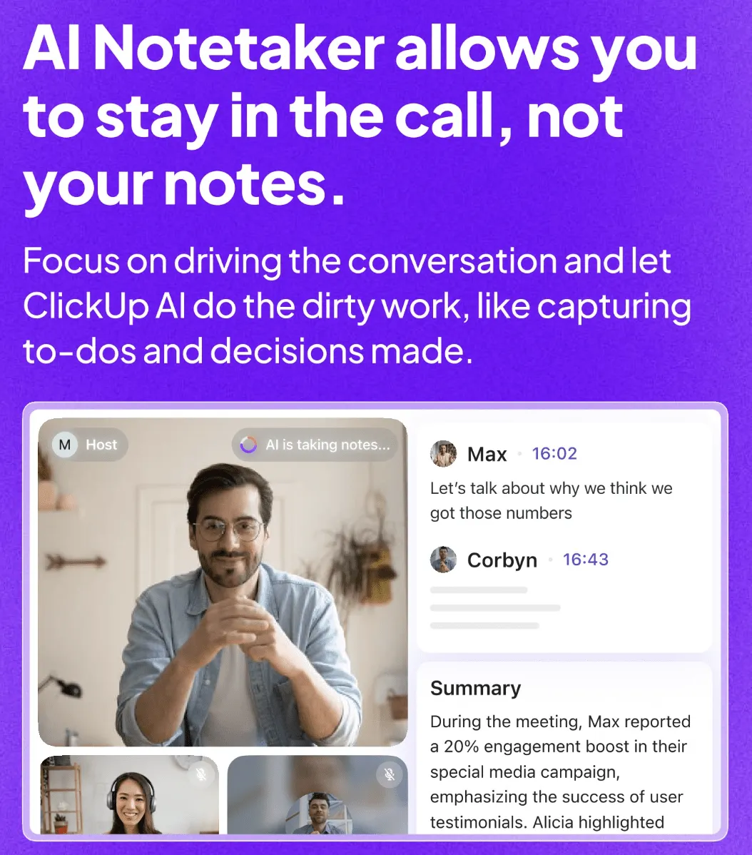 AI Notetaker notları, transkriptleri ve takipleri hallederken siz konuşmaya odaklanmaya devam edin.