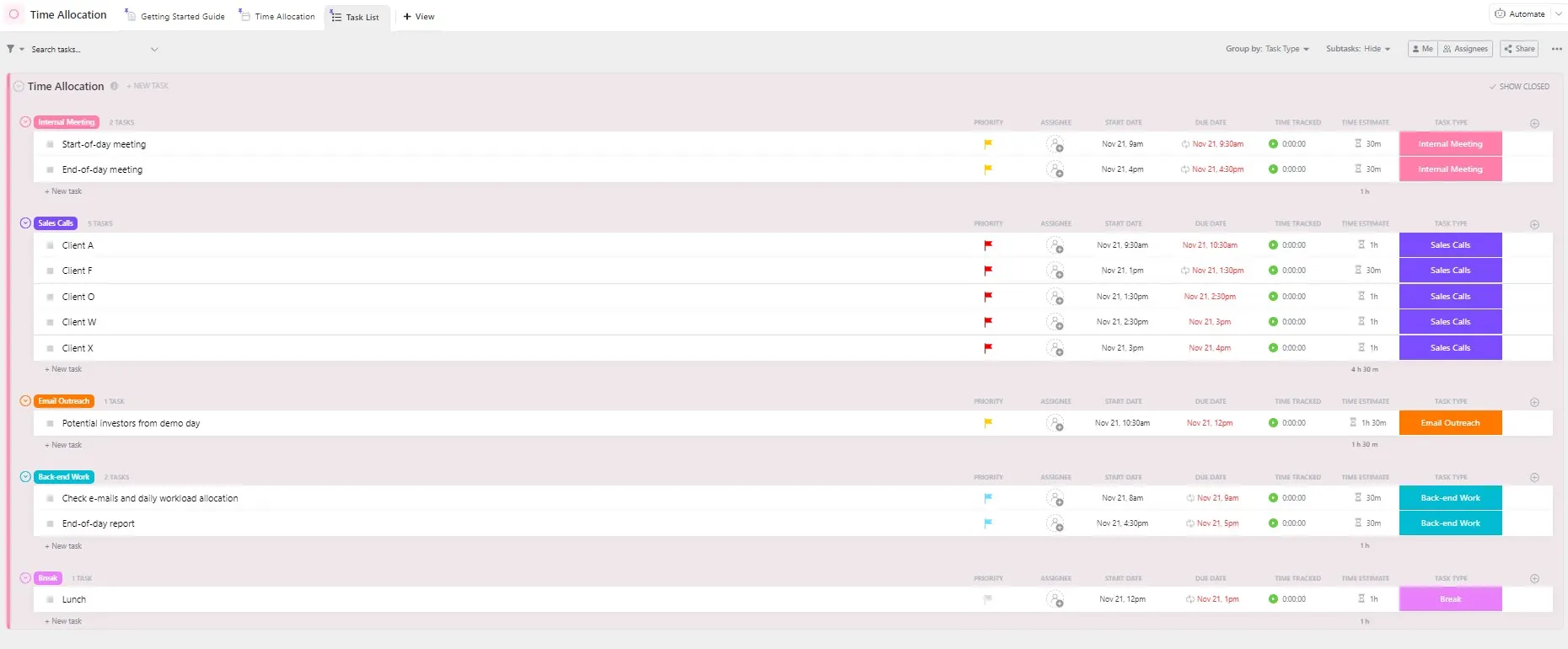 Mẫu phân chia thời gian trong Excel: Mẫu phân bổ thời gian ClickUp
