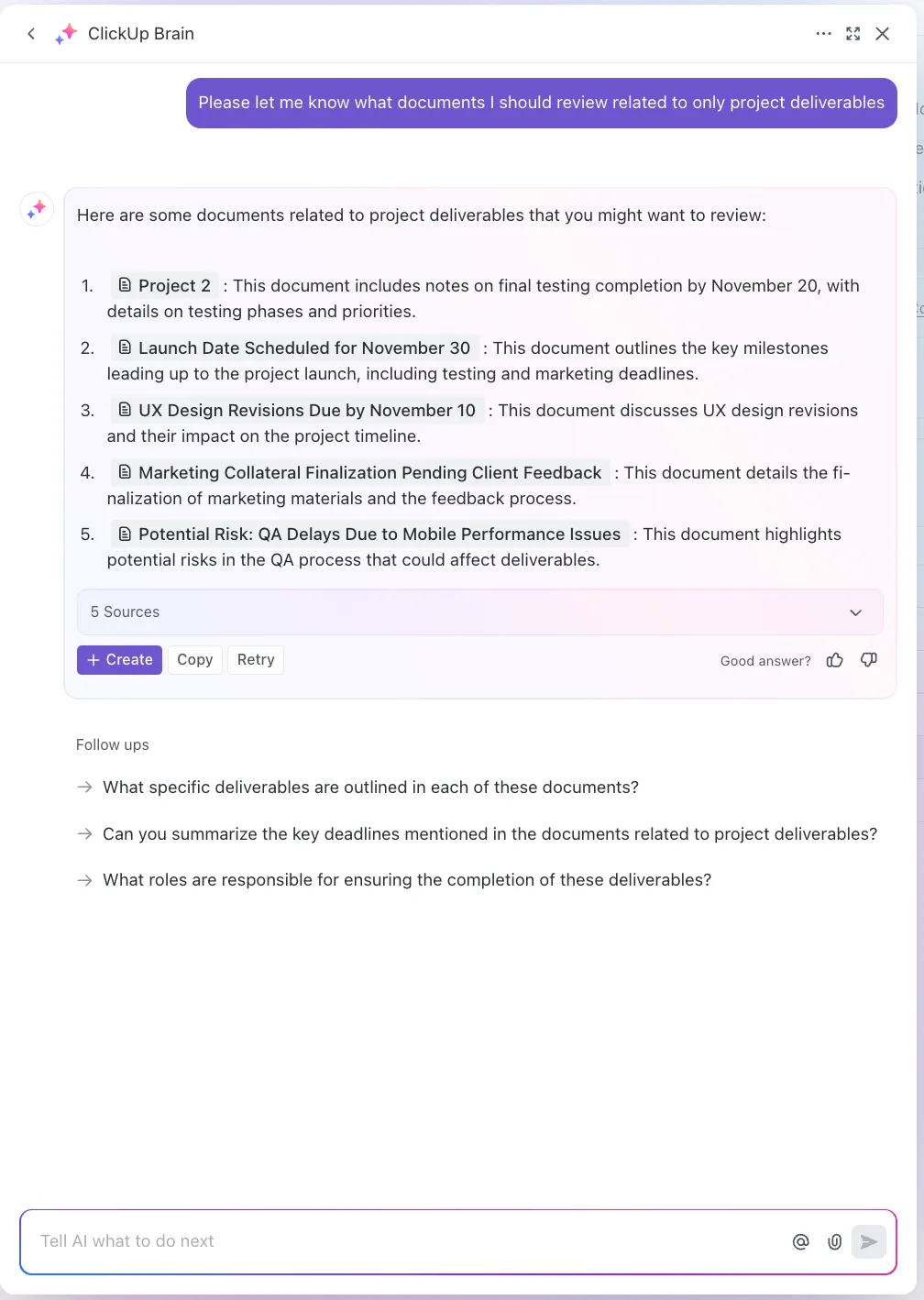 IA pour la prise de notes : récupérez, organisez et consultez vos notes pour obtenir des informations exploitables avec ClickUp Brain.