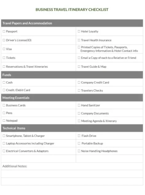 Checklist voor zakenreizen Excel-sjabloon voor reisplannen door TEMPLATE.NET