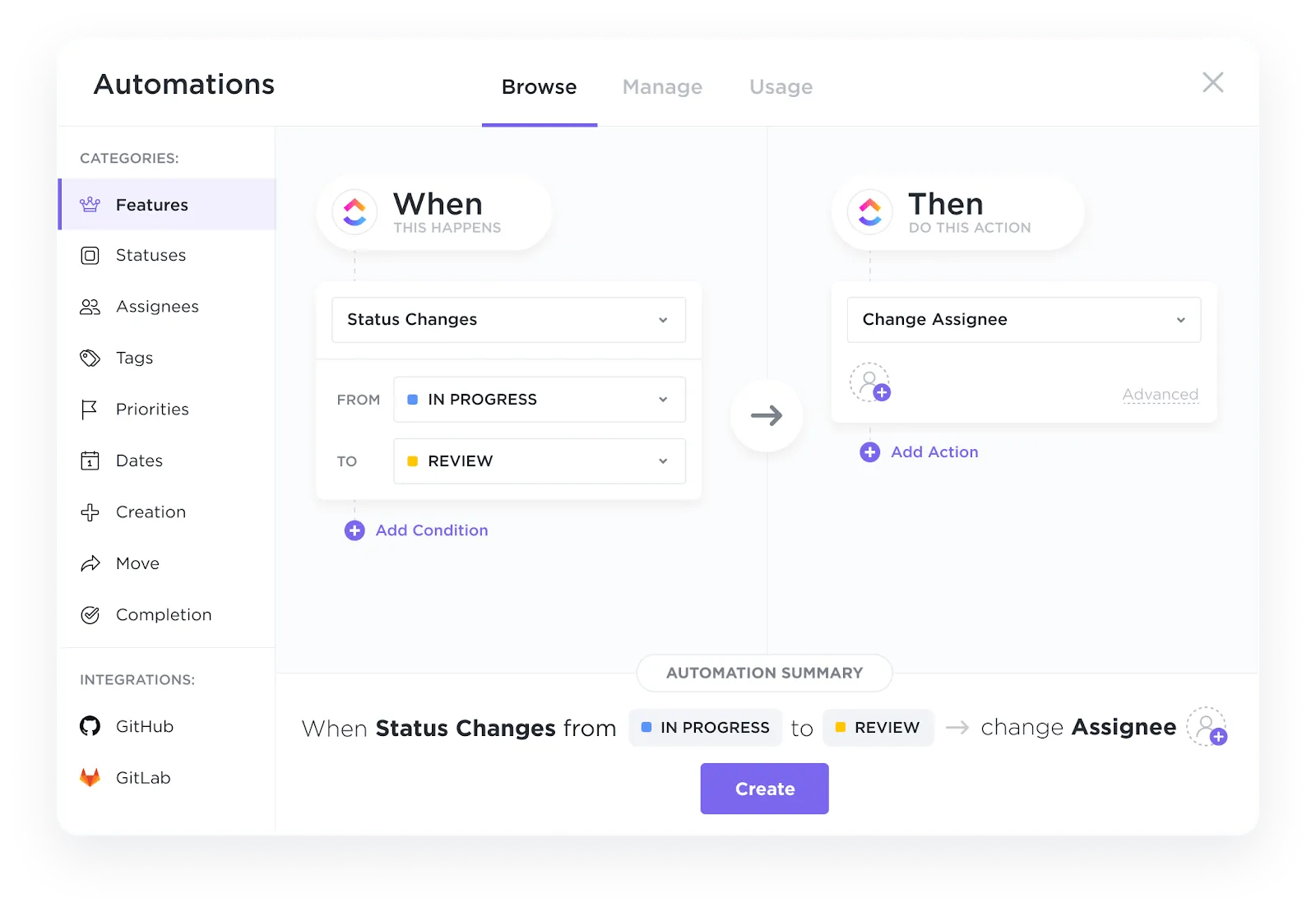 ClickUp Automations опростява управлението на сложни задачи въз основа на данни, управлявани от формули.