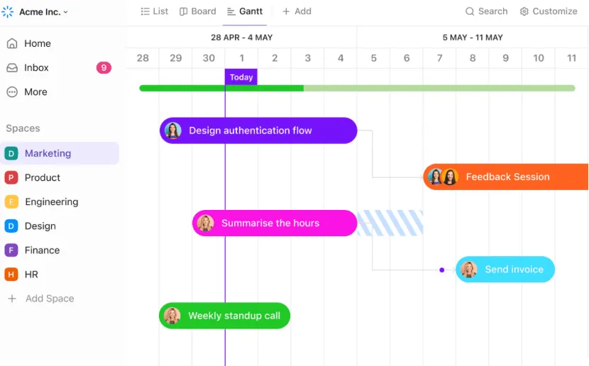 Chế độ xem Biểu đồ Gantt của ClickUp để lập kế hoạch dự án nghiên cứu thị trường