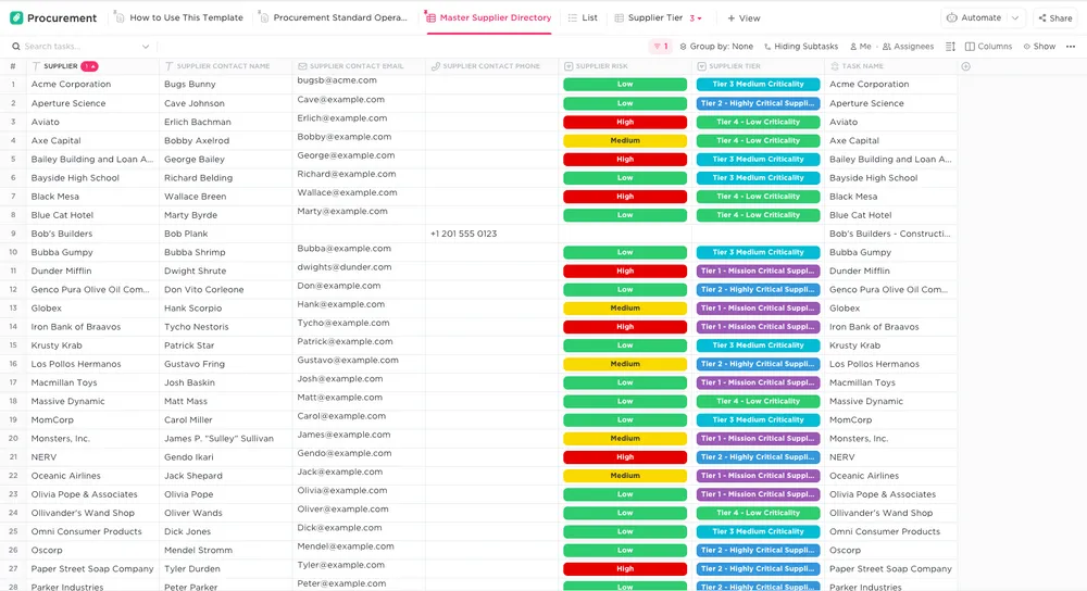 Le modèle d'approvisionnement de ClickUp est conçu pour vous aider à suivre et à gérer vos processus d'approvisionnement.