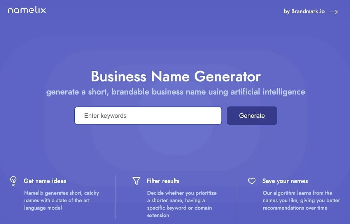 أدوات الذكاء الاصطناعي لإدارة الفعاليات: الصفحة الرئيسية لـ Namelix