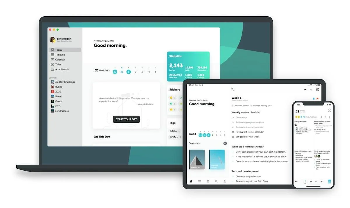 Grid Diary für Desktop, Tablet und Mobilgeräte: Ansichten für Desktop, Tablet und Mobilgeräte
