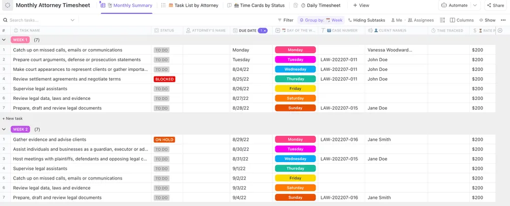 Modelo de planilha de horas trabalhadas para advogados da ClickUp