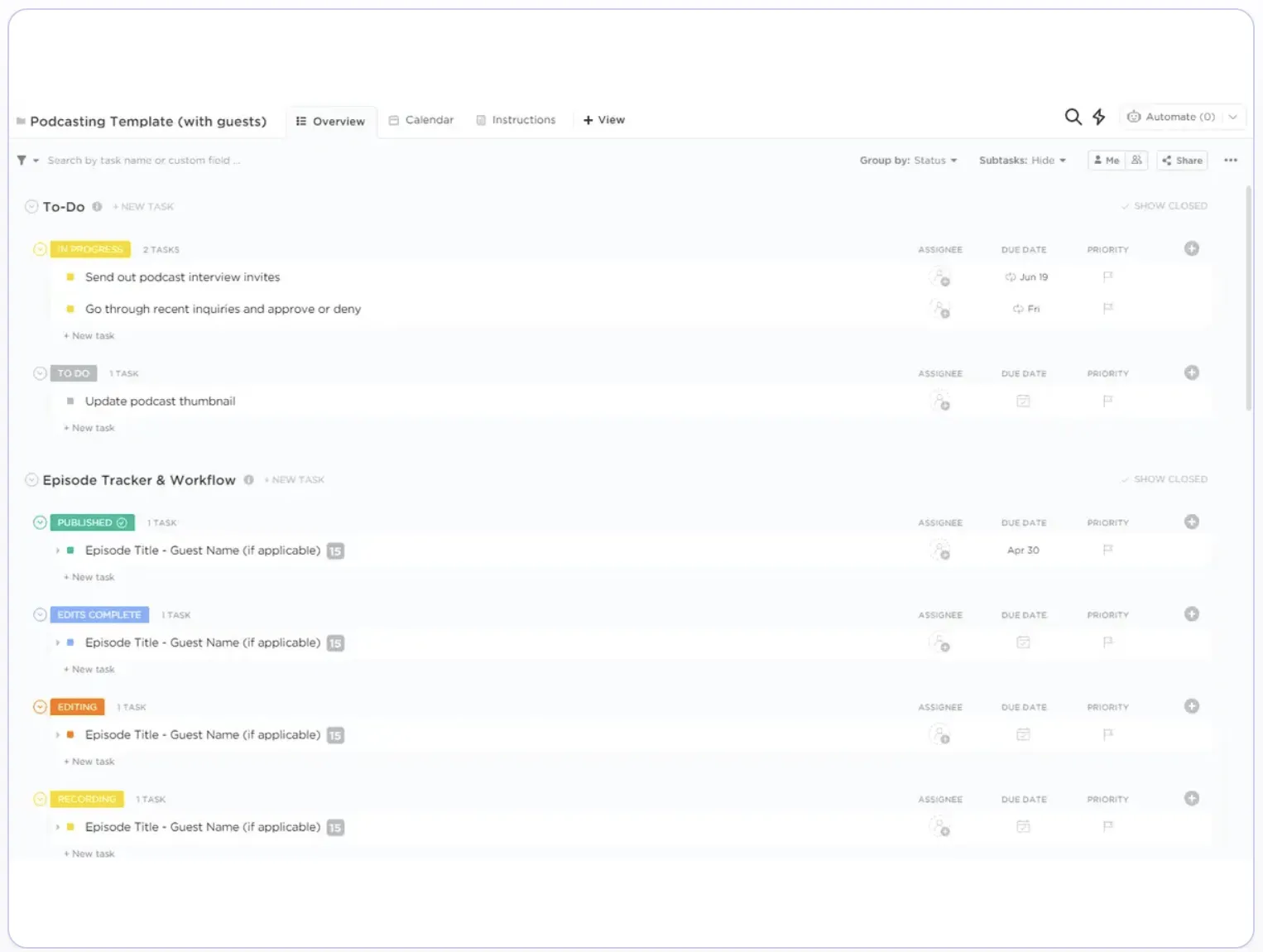 Assurez la cohérence de vos podcasts grâce au modèle de podcast ClickUp (avec invités).