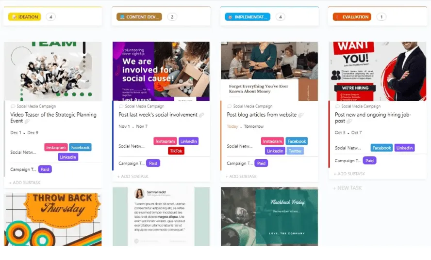 ClickUp'ın Sosyal Medya Kampanyası Şablonu, karmaşık sosyal medya kampanyalarını yönetmenize yardımcı olmak için tasarlanmıştır.