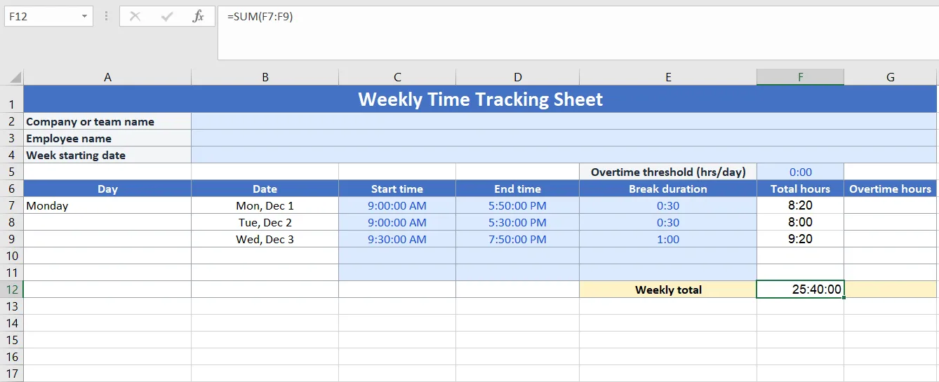 Bước 1: Cài đặt bố cục bảng chấm công - Theo dõi thời gian trên Excel