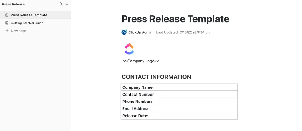 Modèle de communiqué de presse ClickUp