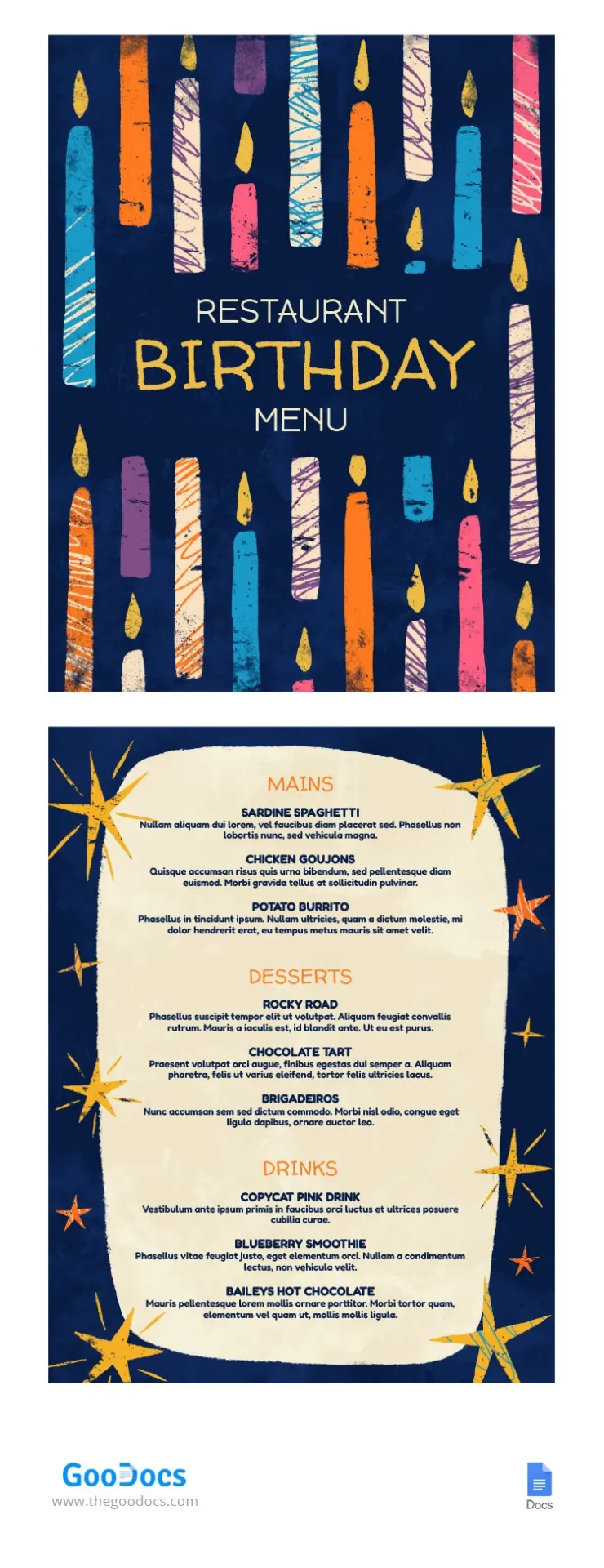 Modèle de menu de restaurant pour anniversaire par GooDocs