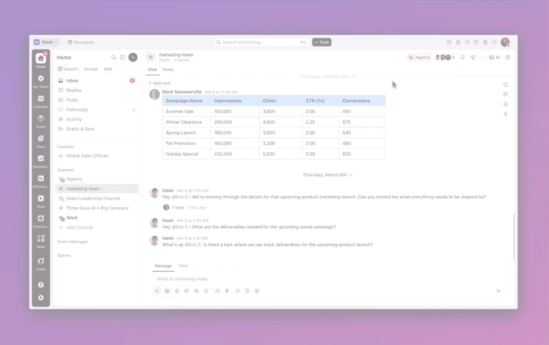 Crea attività automaticamente da ClickUp Chat