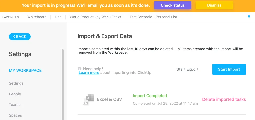 clickUp sẽ tự động cập nhật không gian làm việc của bạn với tệp Excel đã nhập