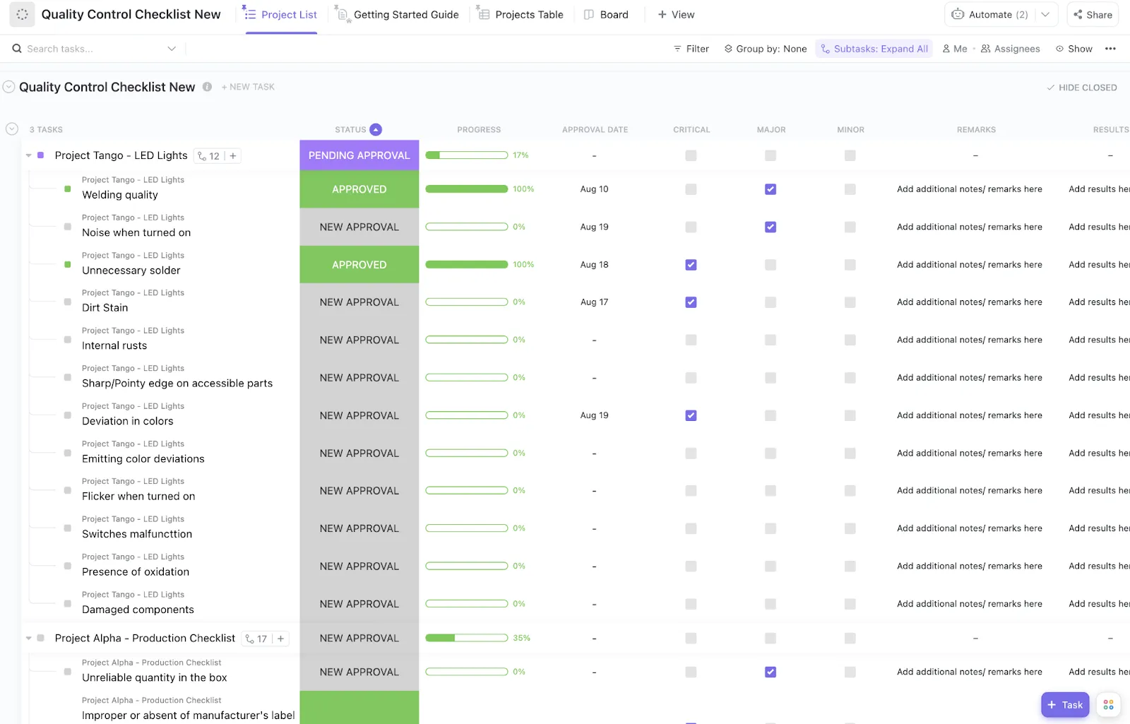 Plantilla de lista de control de calidad de ClickUp