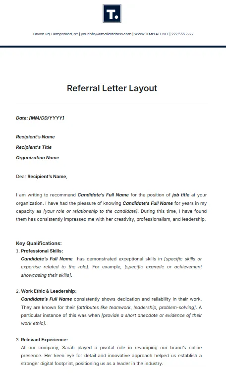 Szablon układu listu referencyjnego autorstwa Template.net